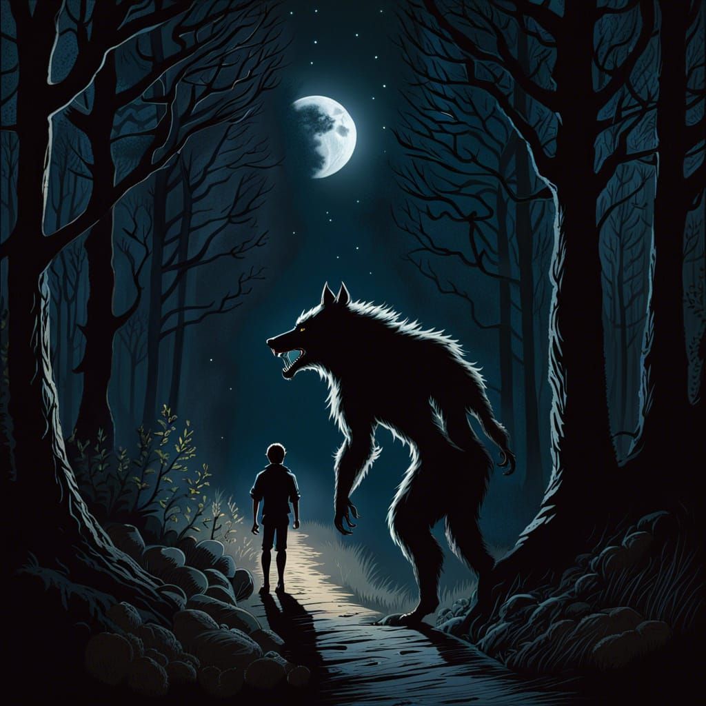 Werewolf in Woods Overlooking Boy at Night