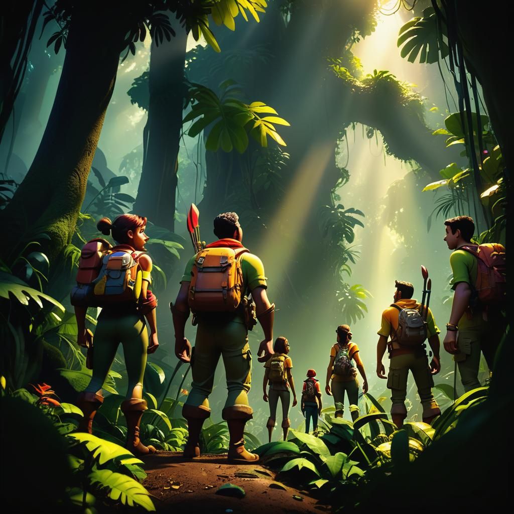 Adventurers in Jungle, Pixar-Style 3D Digital Art