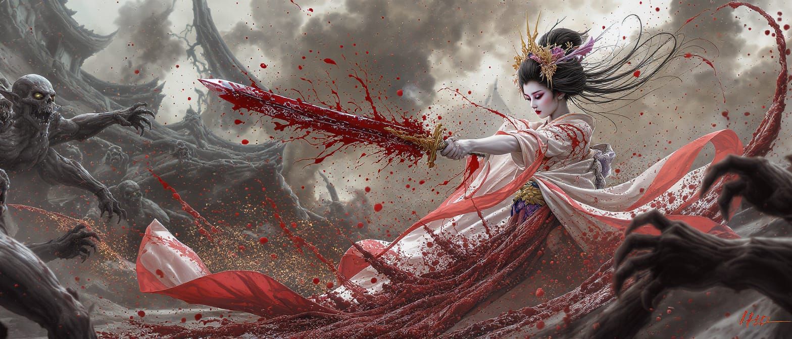 Geisha vs Zombies: A Pointillist Bloodbath