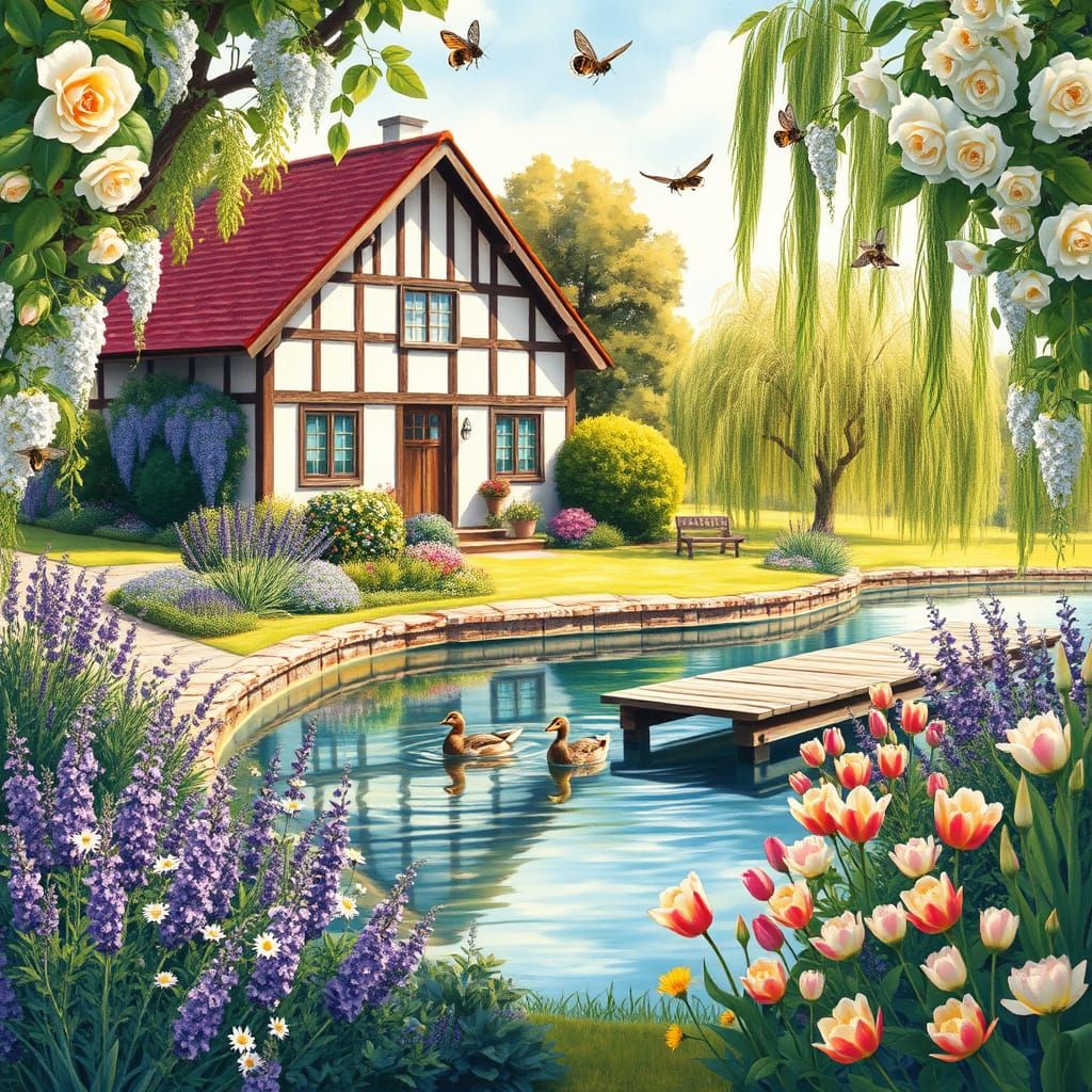 Whimsical Watercolor House in Vibrant Garden