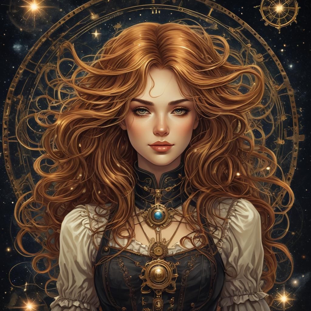 Baroque Woman with Cosmic Star Hair, Steampunk Illustration
