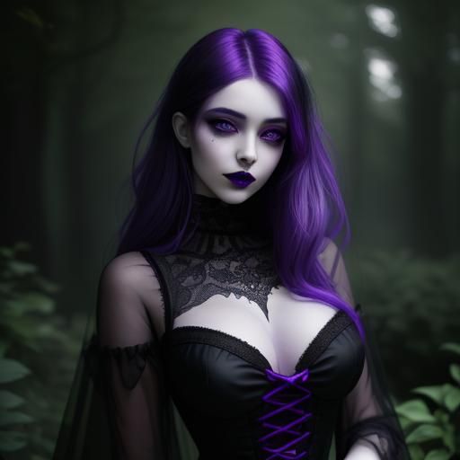 Perfect vertical view of ethereal Gothic Young lady with vibrant purple hair& purple eyes& smoky black eyeshadow beautif...