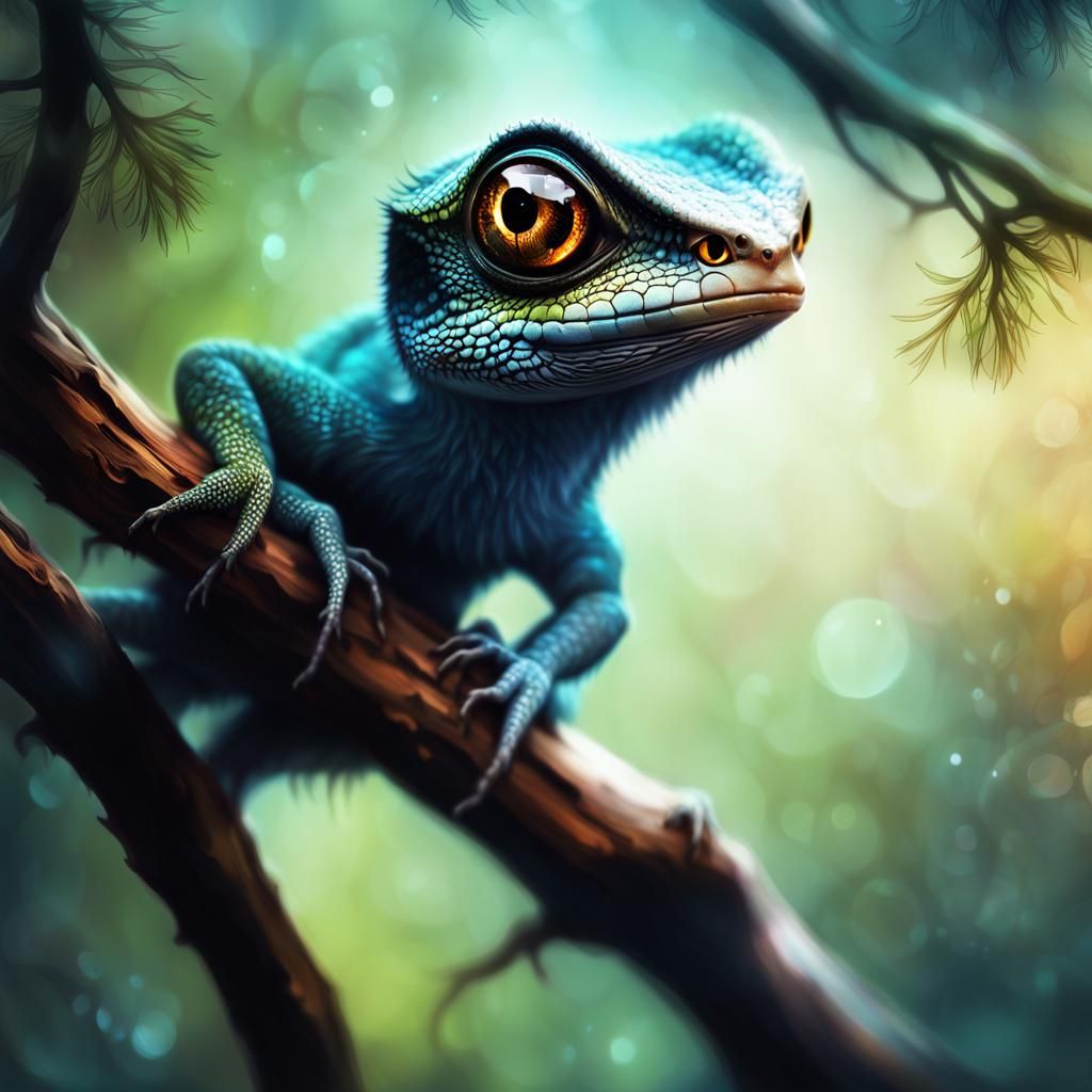 Digital painting featuring a cute big eyed lizard on a tree branch, tree branch enveloped in a subtle mist, beautiful co...