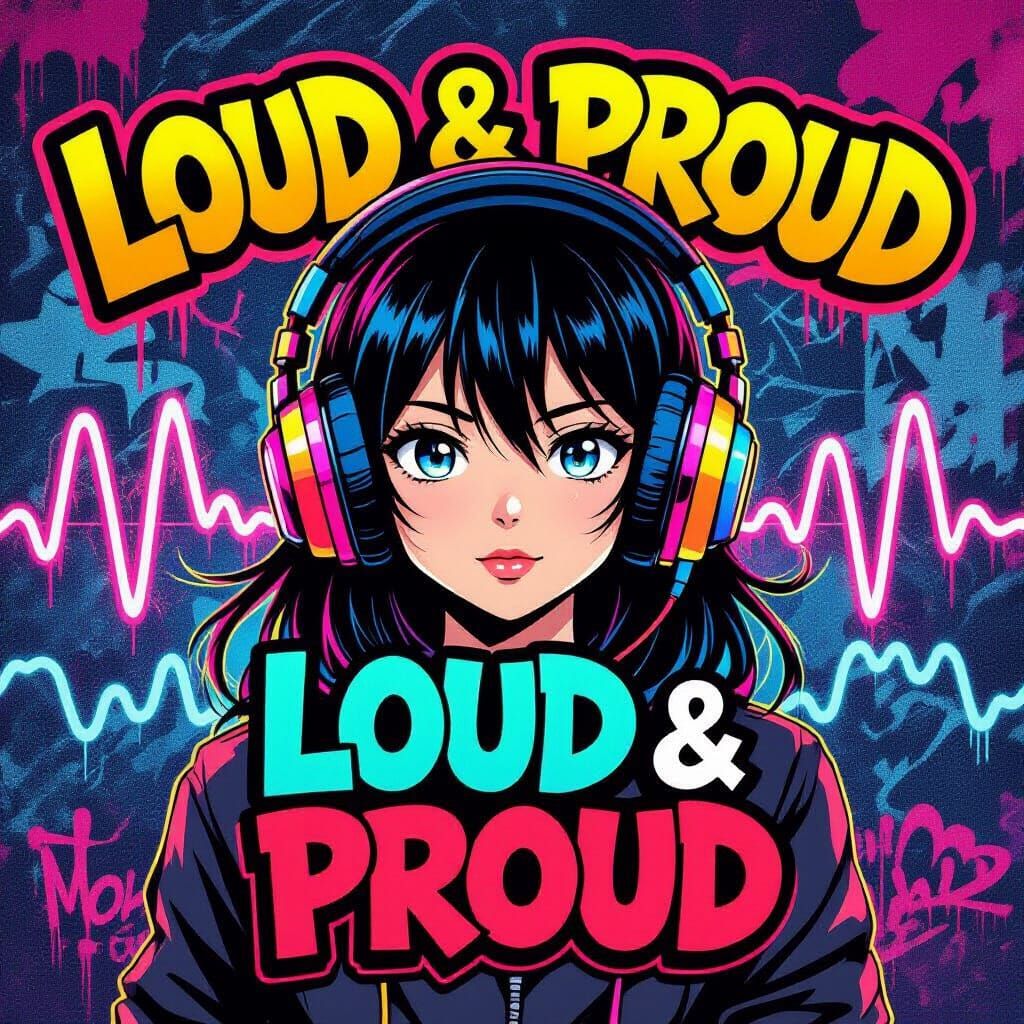 Anime Character with Neon Waves in Graffiti Style