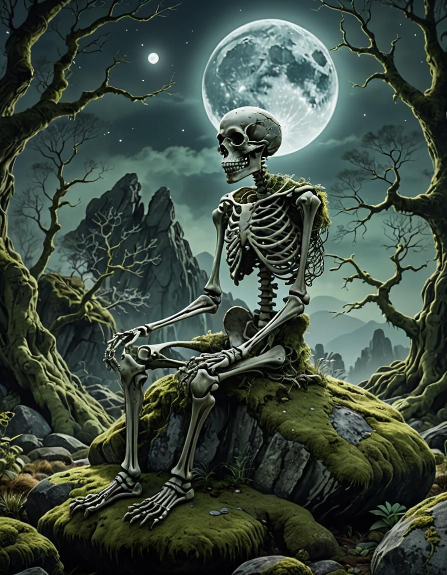 Contemplative Skeleton in Celtic Moonlight: Digital Art
