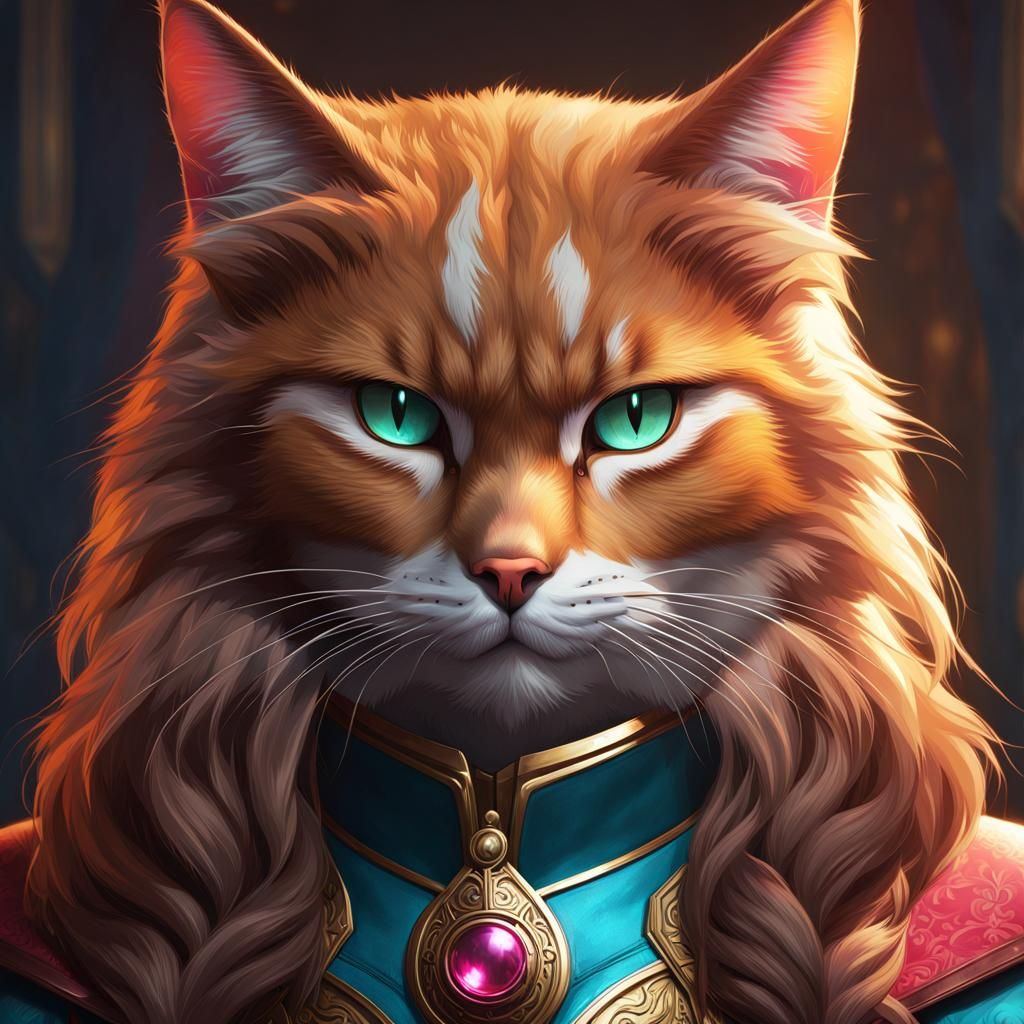 Retro Warrior Cat Portrait in Art Nouveau Style