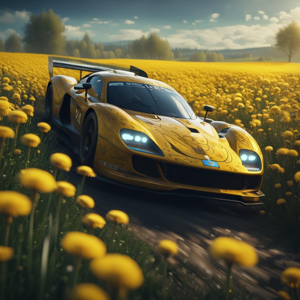 Racing Car Through Dandelion Field: Detailed Matte Painting
