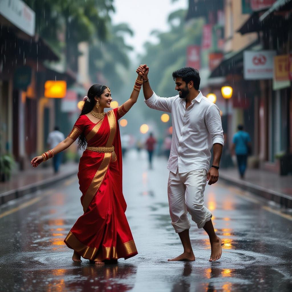 Indian Couple Dancing in Rain: Bollywood Realism