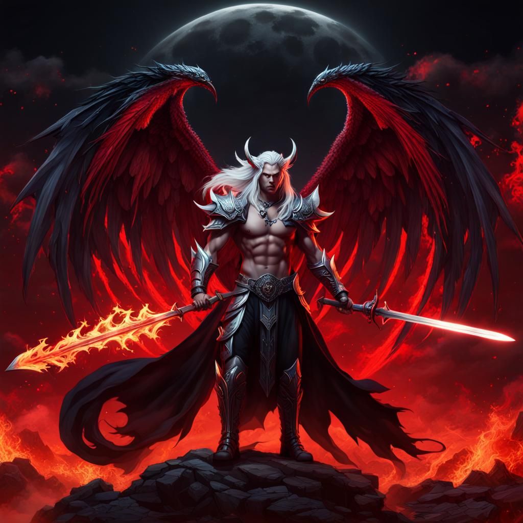 Sensual Demon Warrior with Trident and Sword