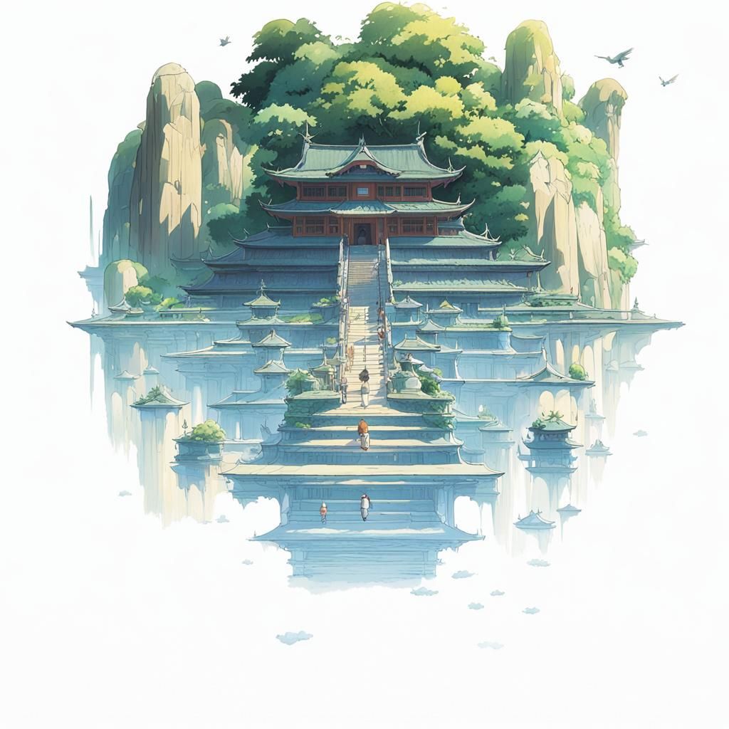 Cat Temple in Studio Ghibli Anime Style