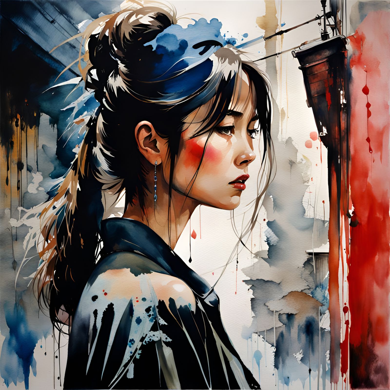 Watercolor Portrait of a Beautiful Woman with Ink Drips