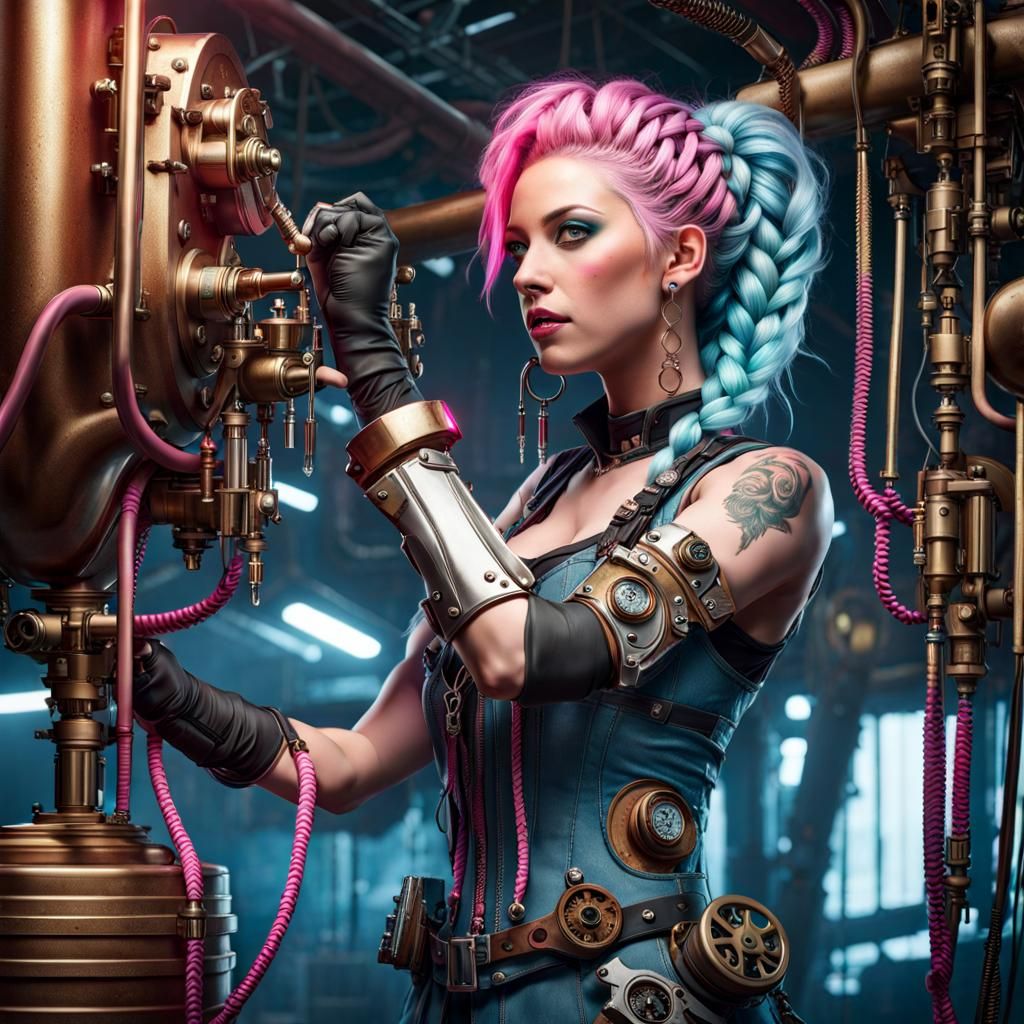 Steampunk Artificer Woman Repairs Mechanism