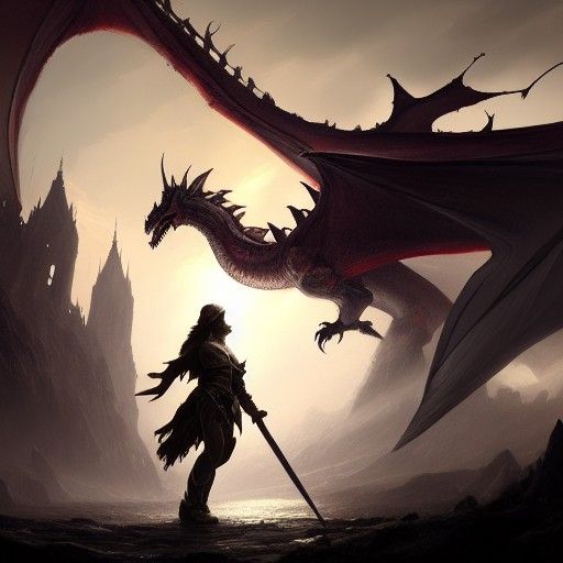 Knight Battles Dragon in Dark Fantasy Style