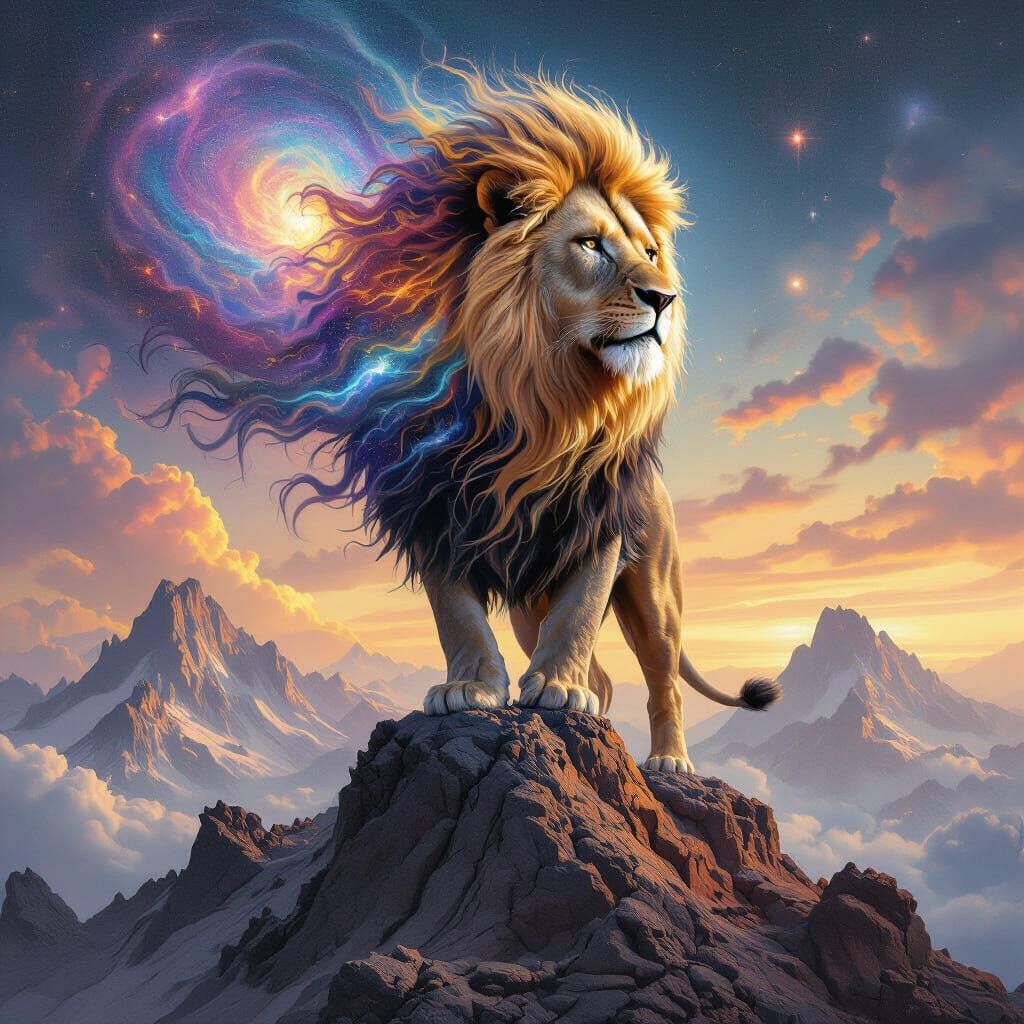 Cosmic Lion on Crystalline Peak: Surreal Galaxy Art