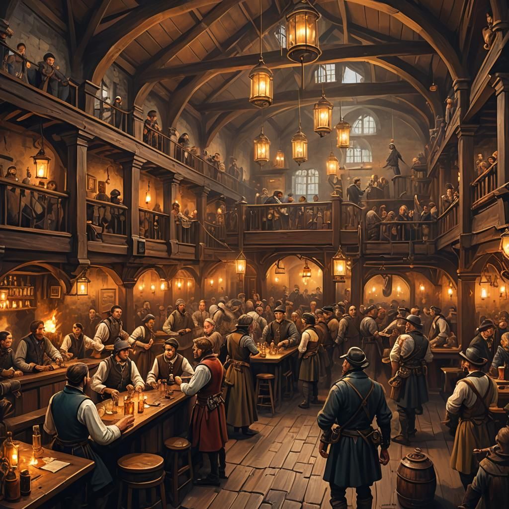 Steampunk Tavern Interior Panorama in Old Masters Style