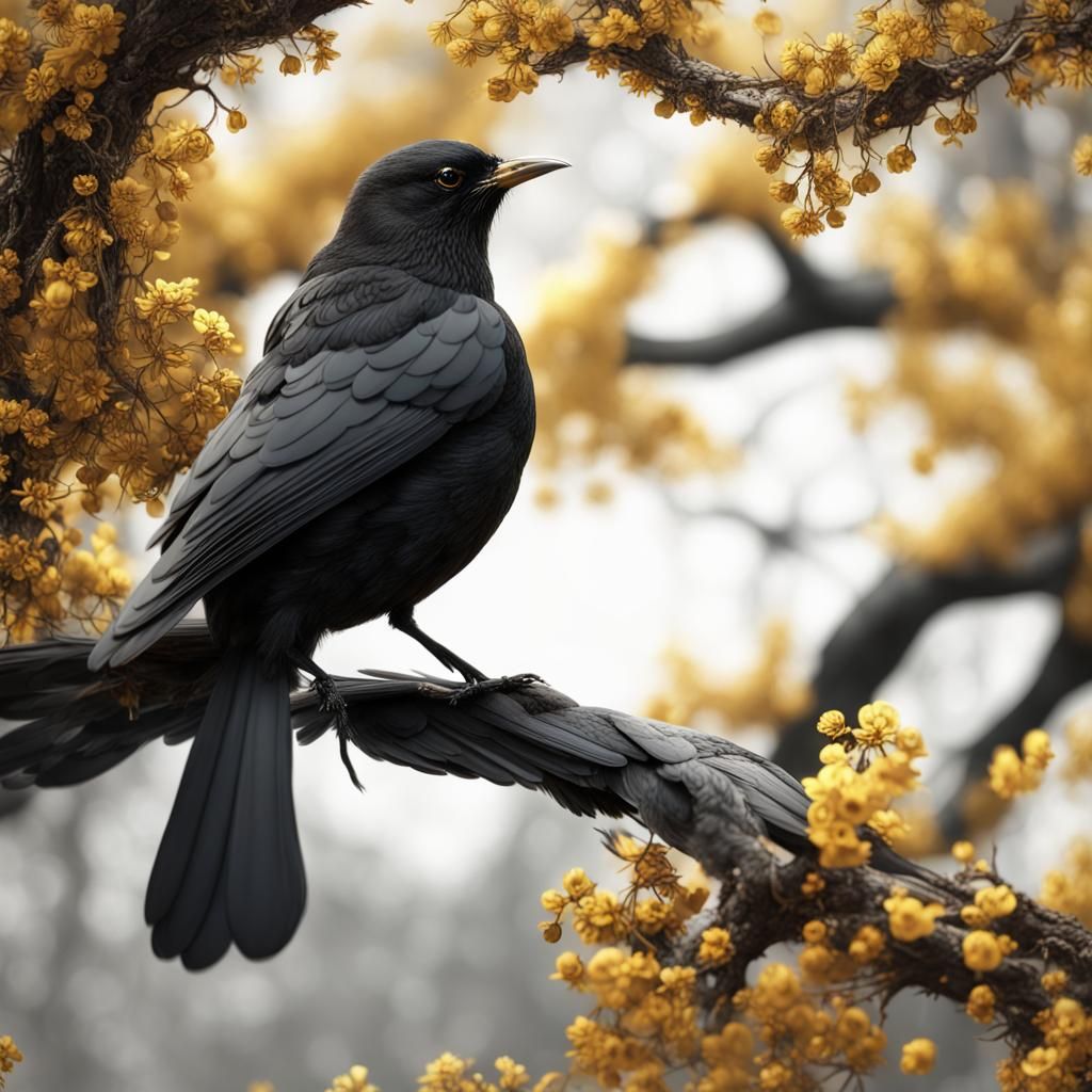 Black and White Bird with Golden Flowers