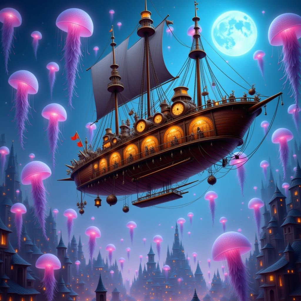 Steampunk Airship Soars Over Alien Cityscape with Jellyfish ...