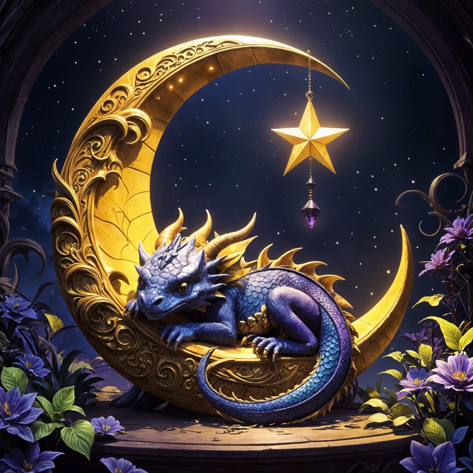 Jeweled Dragon Asleep in Crescent Moon