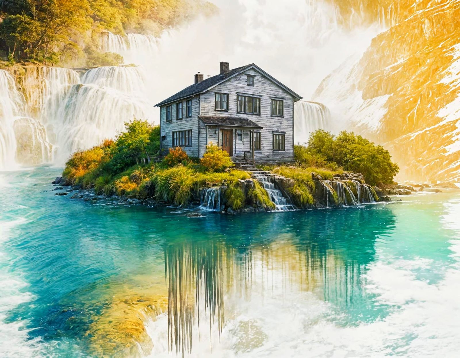 Lonely House Before Majestic Waterfall
