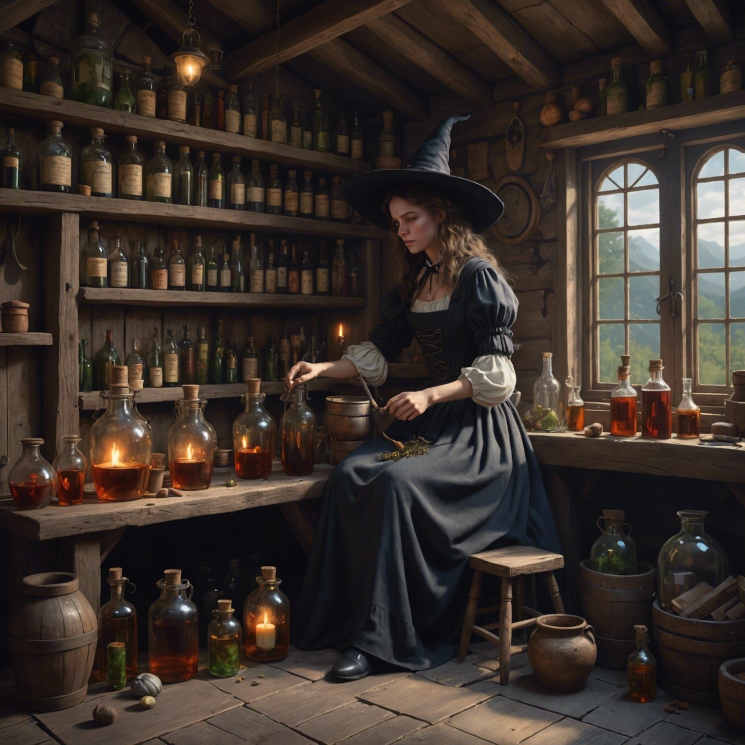 Lonely Witch Mixing Love Potions: Hyperrealistic Concept Art