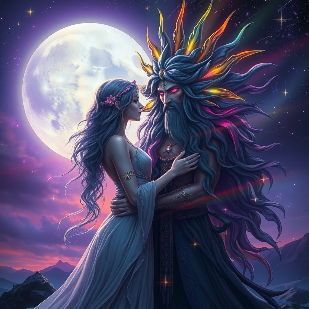 Moon Goddess and Sun God Embrace in Ethereal Fantasy