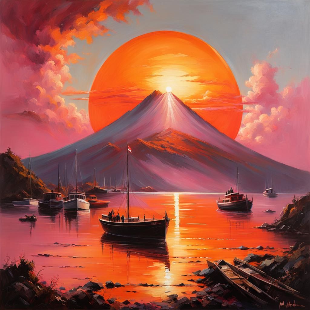 Volcano Vapor in Golden Hour, Impasto Painting