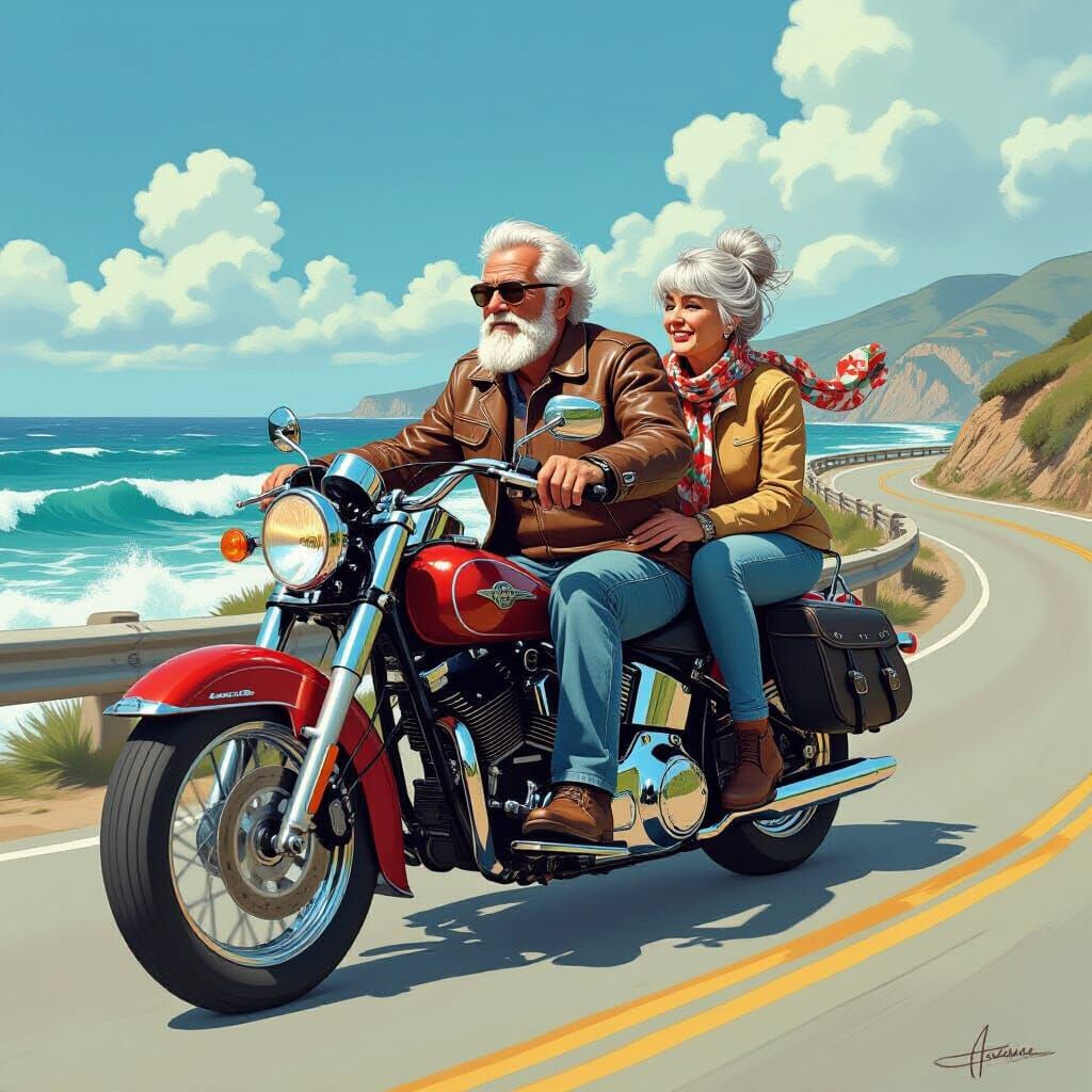 Elderly Couple's Motorcycle Ride in Comic Book Style