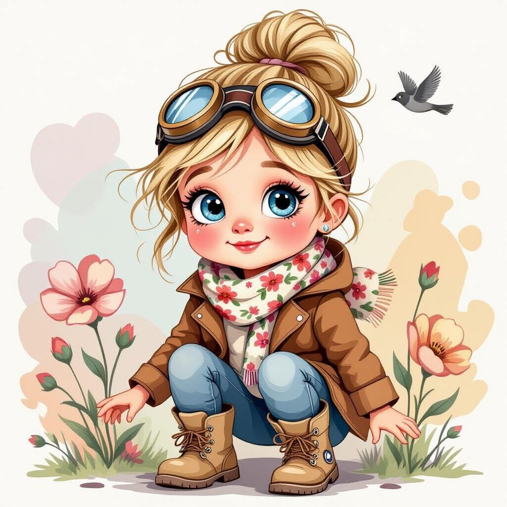 Whimsical Girl with Goggles and Floral Scarf