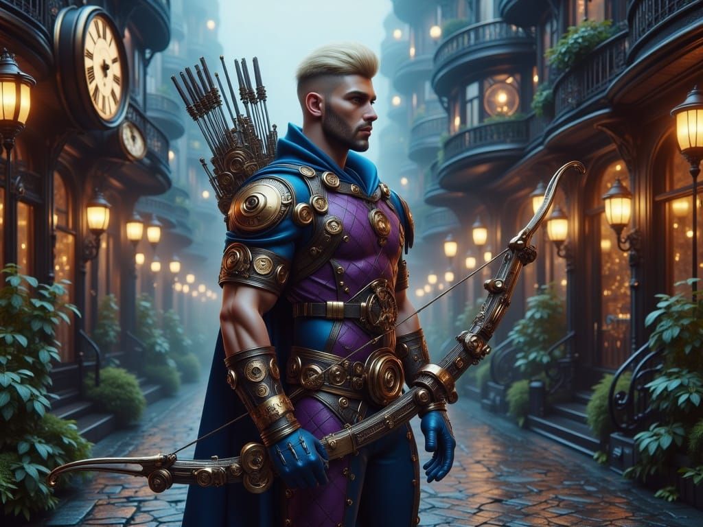 Steampunk Archer in Victorian City Alley