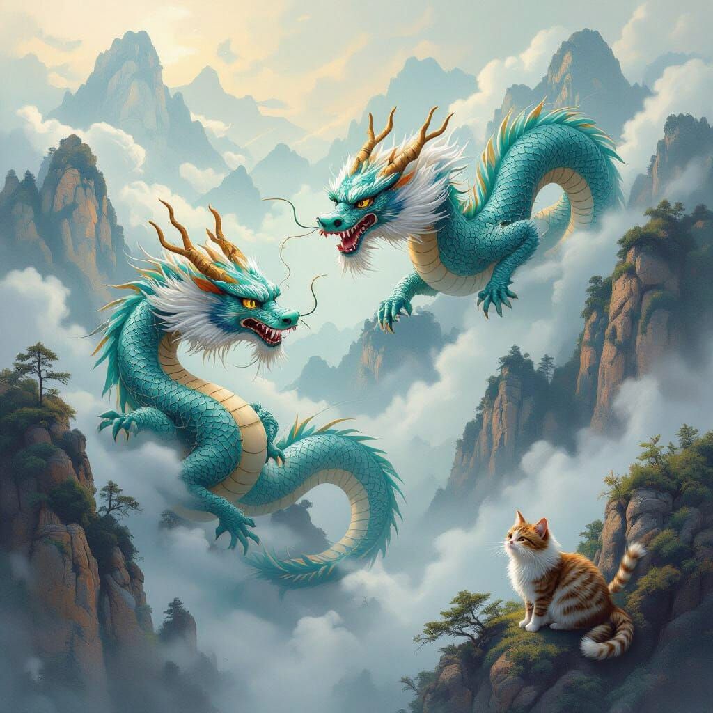 Aqua Chinese Dragons & Tabby Cats in Misty Mountains