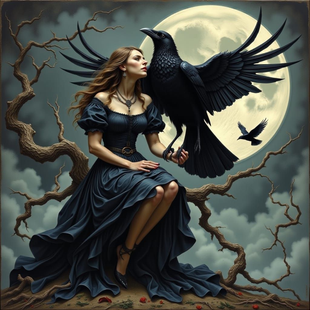 Mysterious Woman Surrounded by Ravens in Dark Mystical Lands...