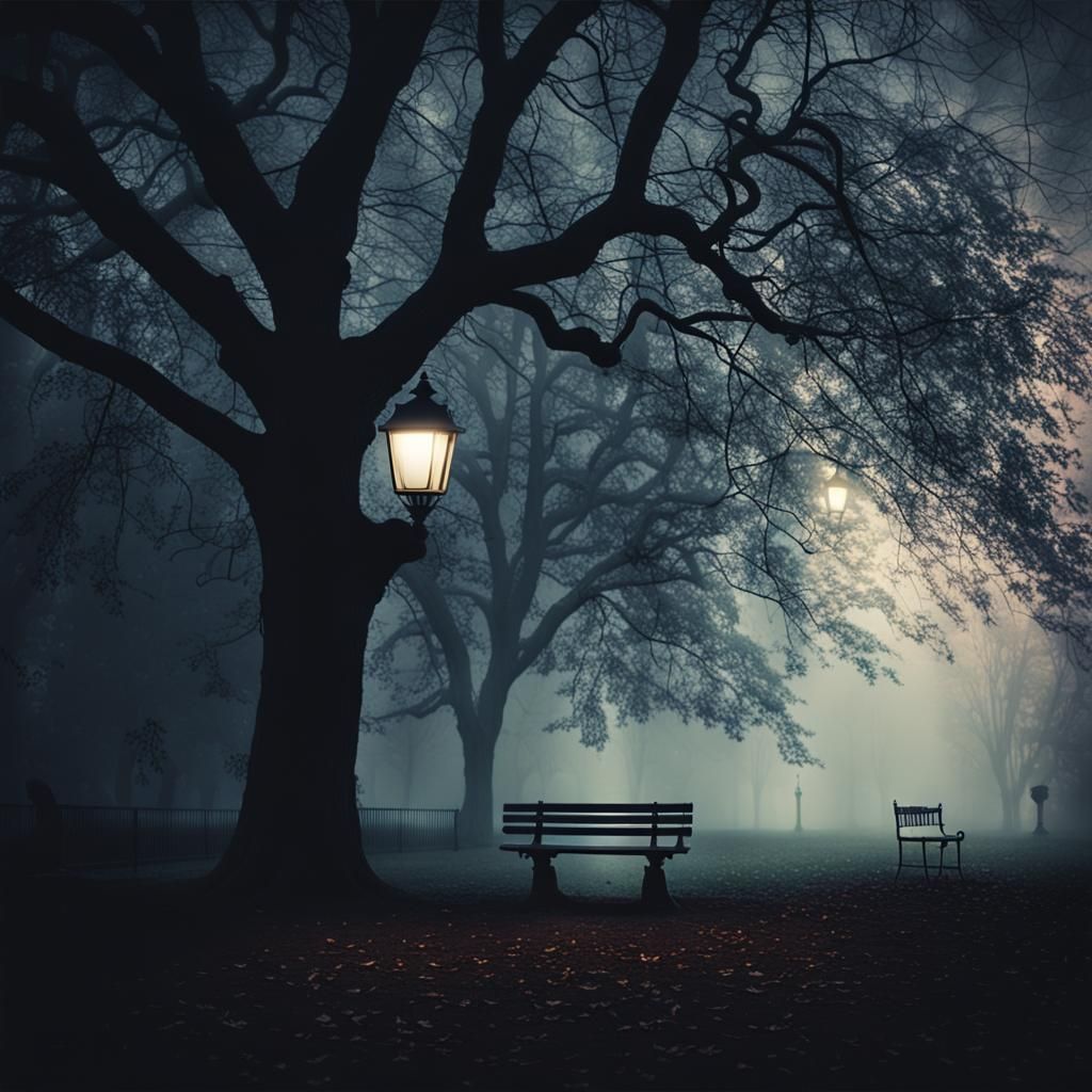 Dark Foggy Park with Victorian Light