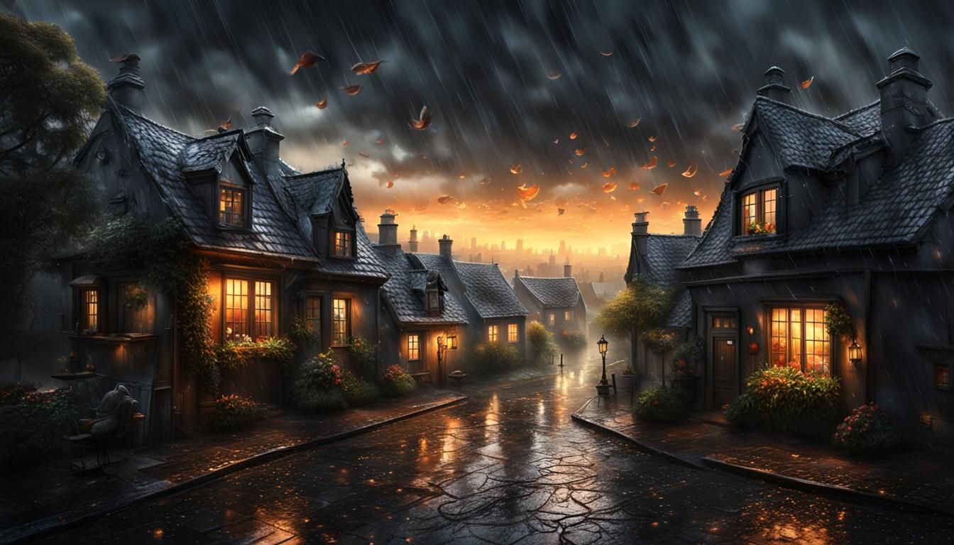 Dramatic Rainy Cityscape at Twilight: Digital Matte Painting