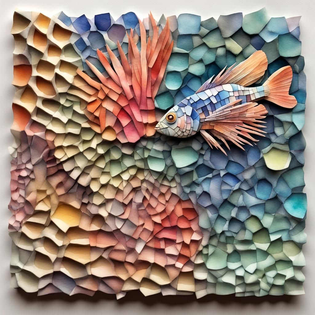 Junk Journal Background, 3d Abstract Shapes Mosaic Watercolor, Lionfish Color Palette, 3d Shading, Detailed