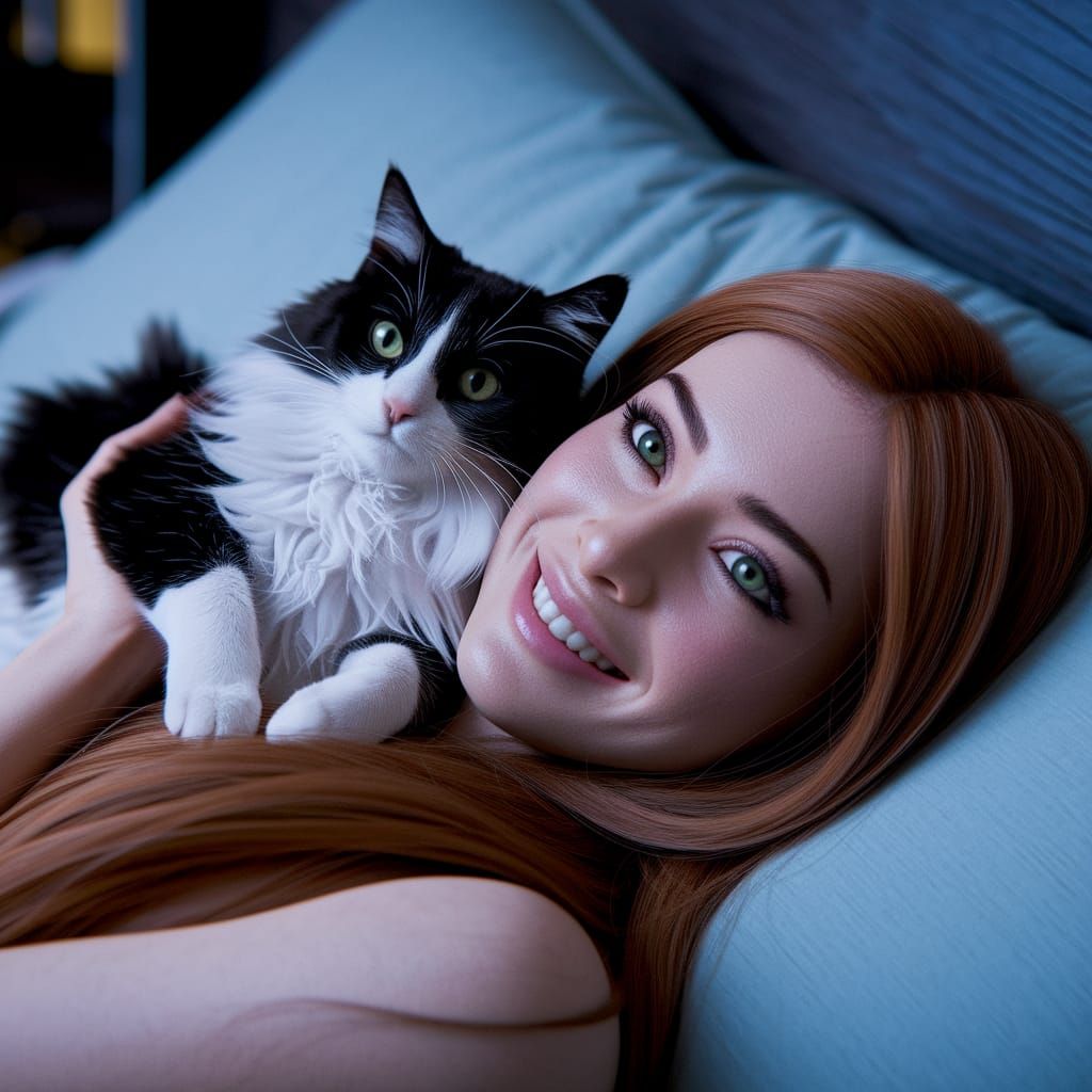 Woman with Cat in Bed, Cinematic Film Still