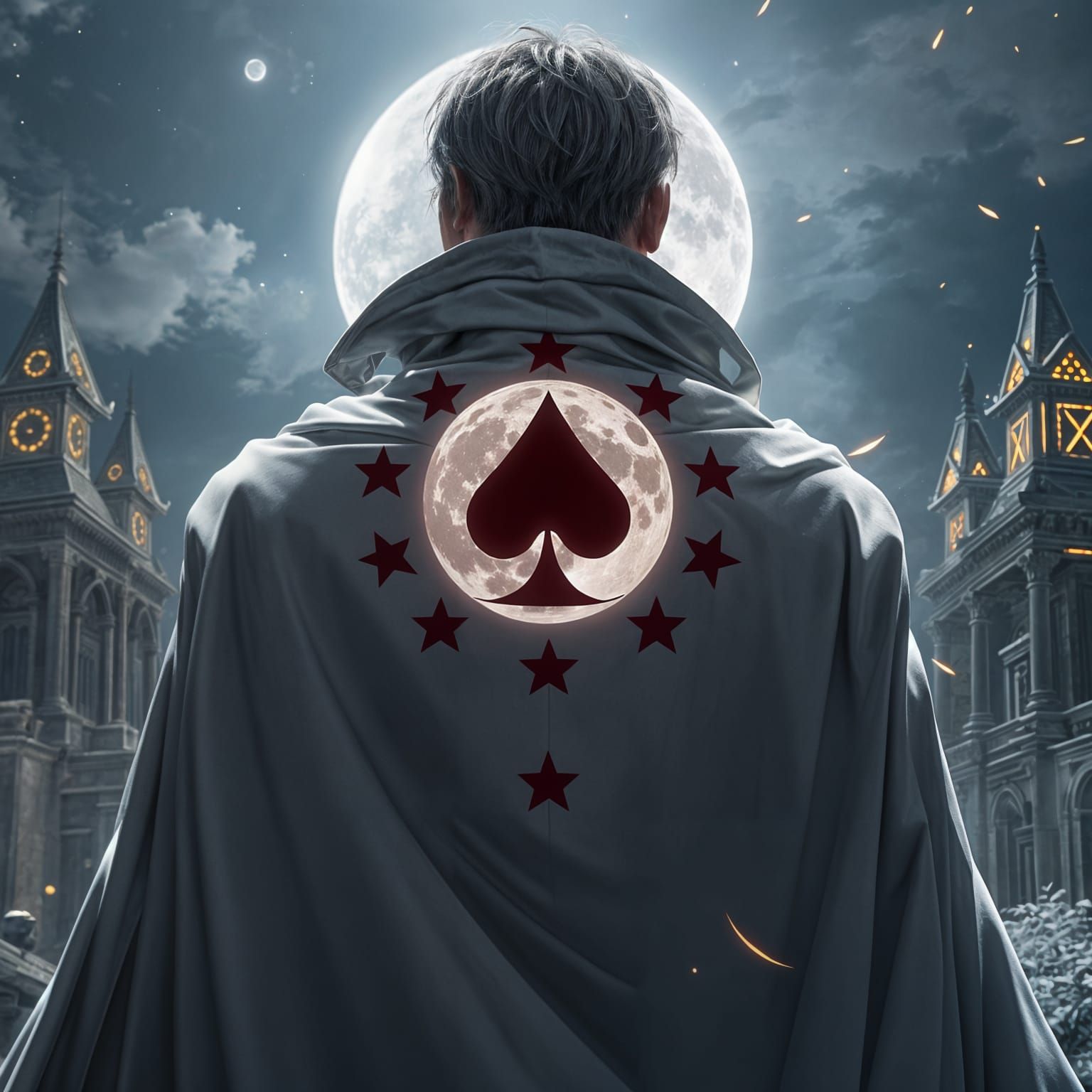 Epic Anime Hero in White Cloak with Mystical Symbols