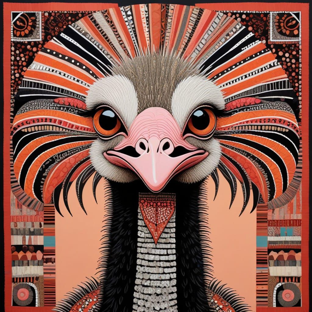 Whimsical Ostrich in Vibrant Textile Art