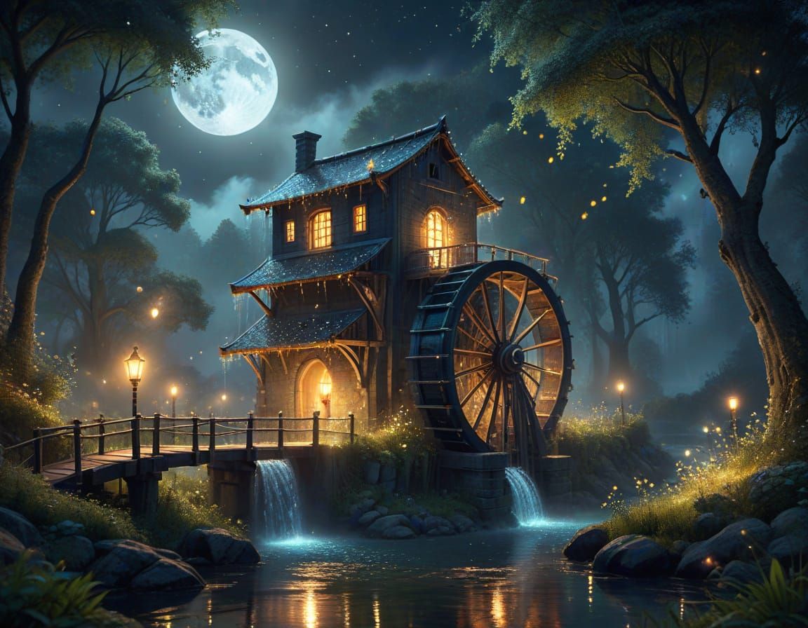 Whimsical Waterwheel in Enchanted Forest