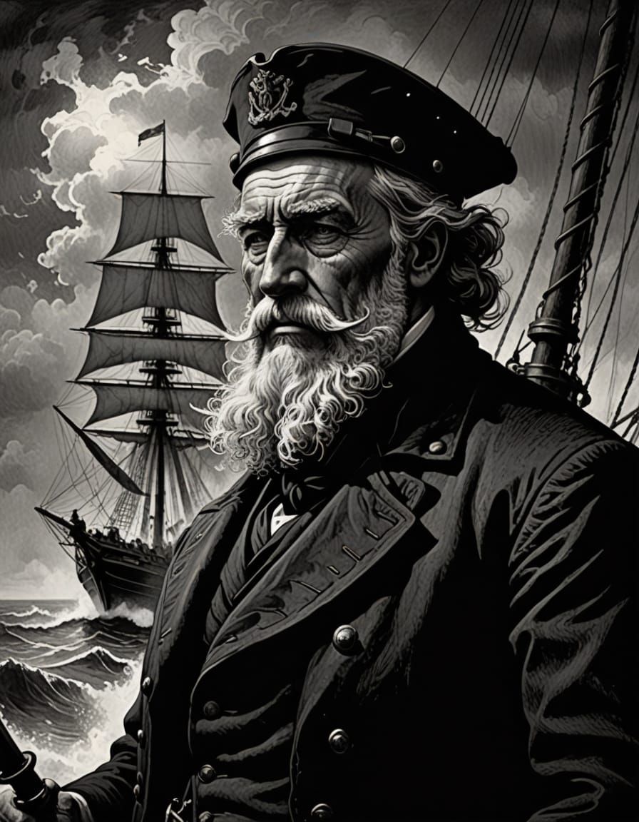 Grizzled Sailor with Tall Ship in Stormy Seas