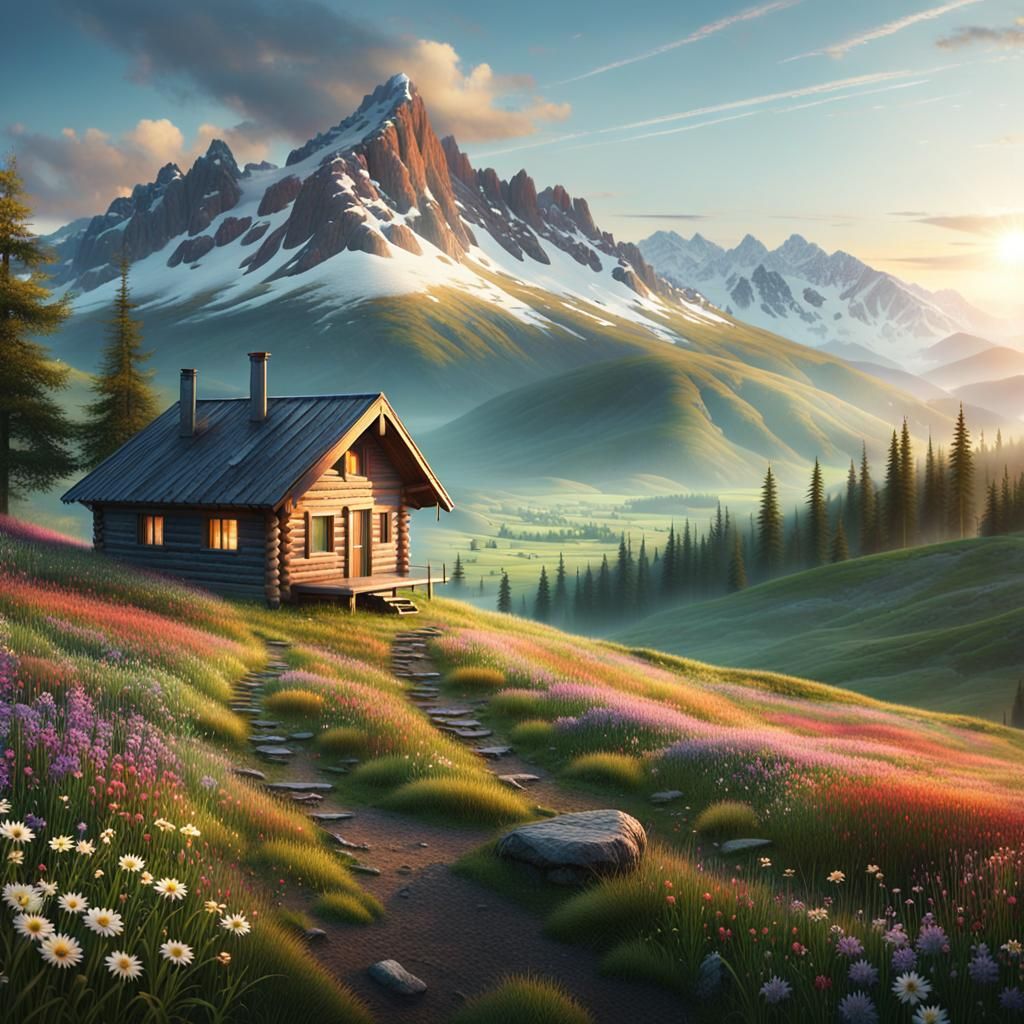 Cabin in Valley at Sunrise: Digital Matte Painting