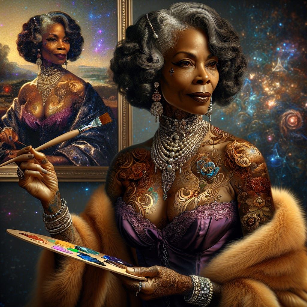 Elegant Woman Painting Her Likeness in Holographic Style