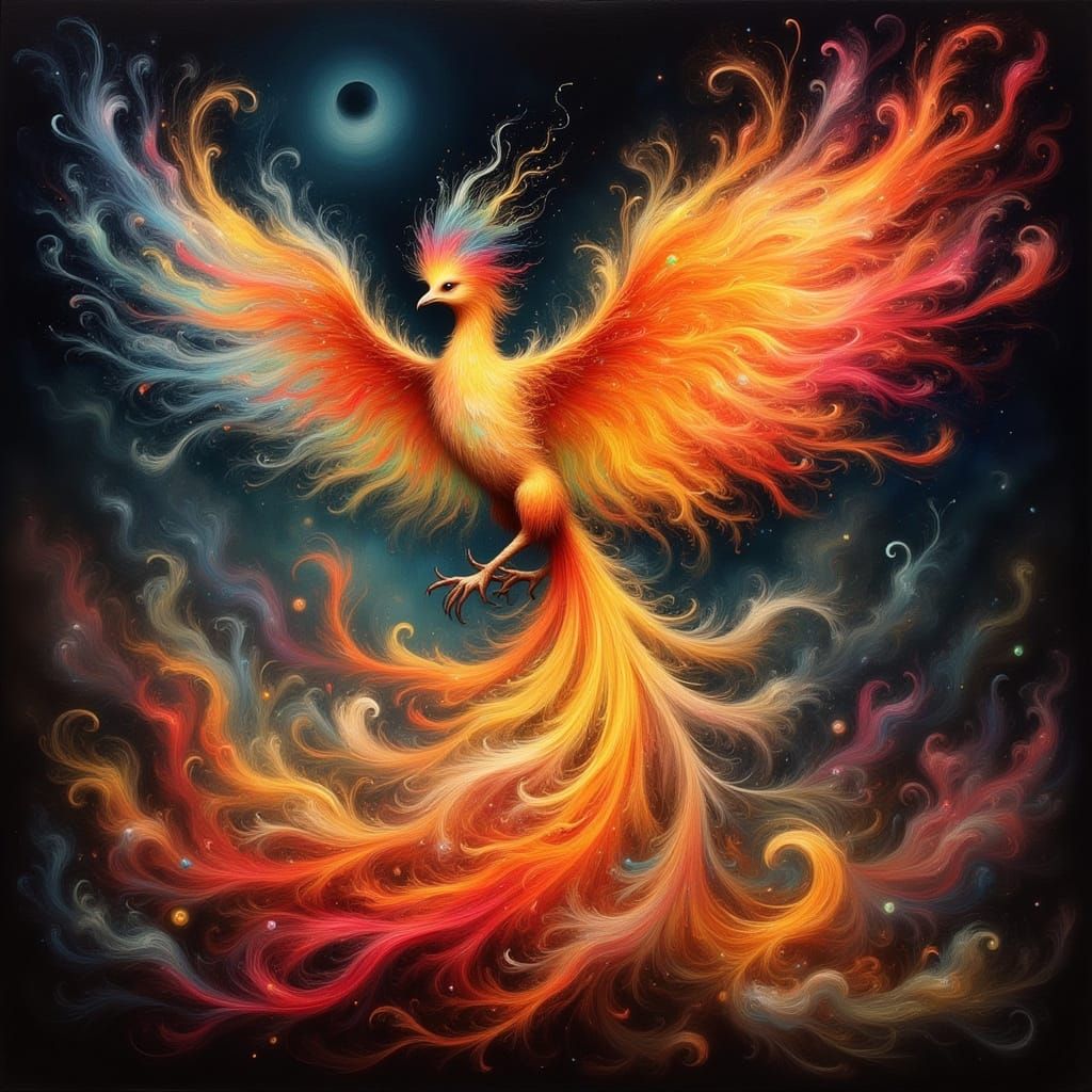 Glamorous Phoenix Rising from Fiery Ashes in Vibrant, Textur...