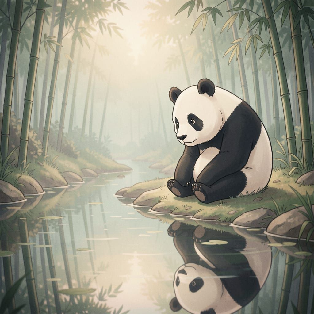Panda Contemplates Reflection in Bamboo Stream