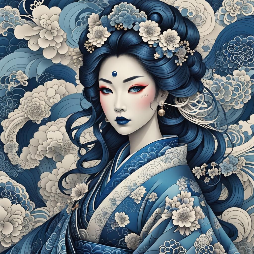 Blue Geisha with Abstract Digital Art Style