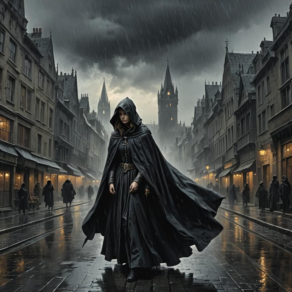 Medieval Woman in Black Cape, Rainy City Scene