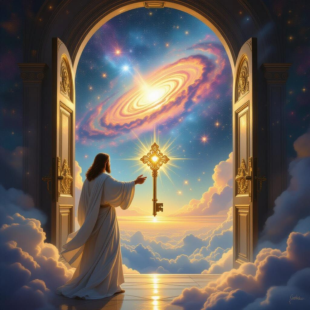Jesus Christ Offers Golden Key to Divine Galaxy Door