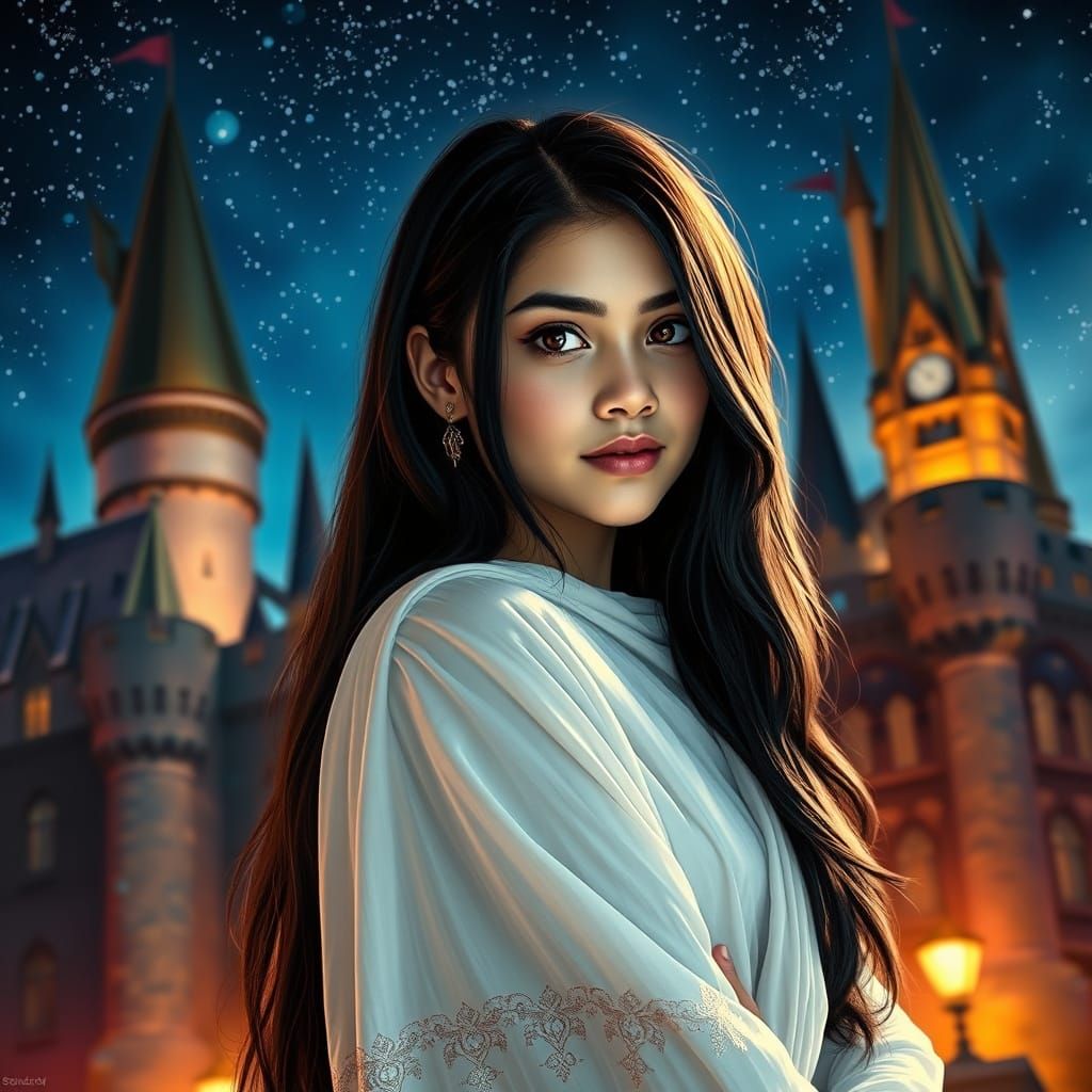 Surreal Young Woman Poses Before Hogwarts Castle Under a Sta...