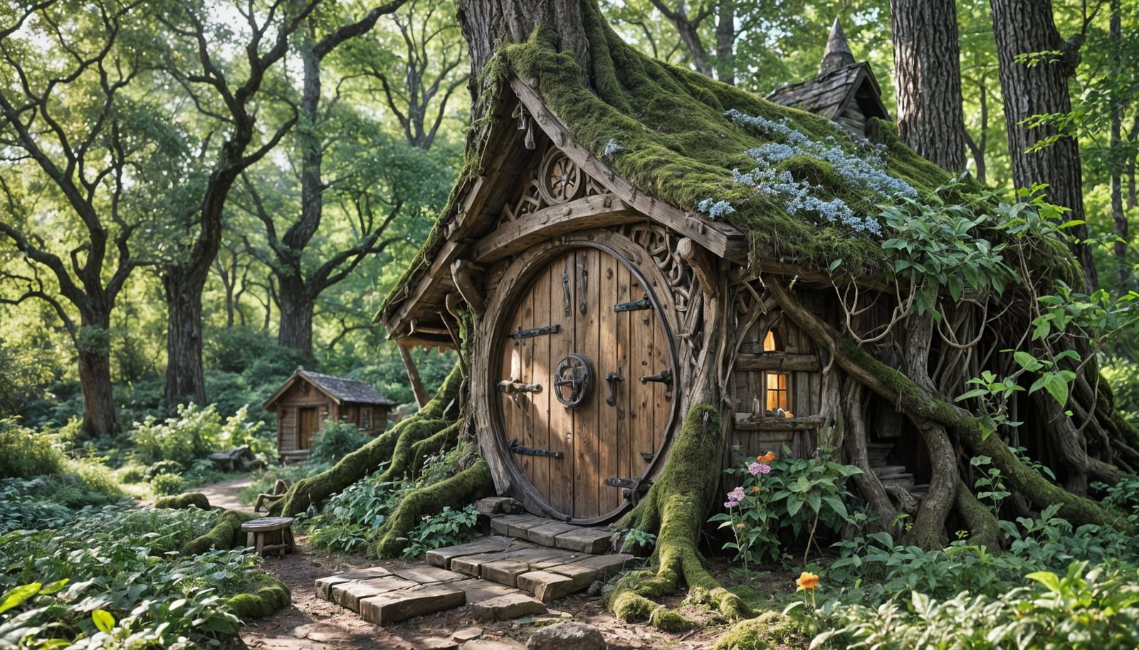 Enchanted Elven Cabin in Whimsical Forest Setting