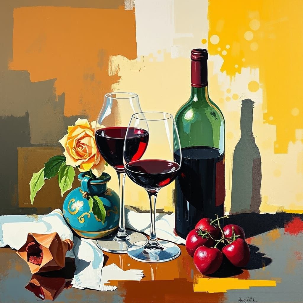 Surreal Oil Painting of Wine Still Life in Minimalist Style