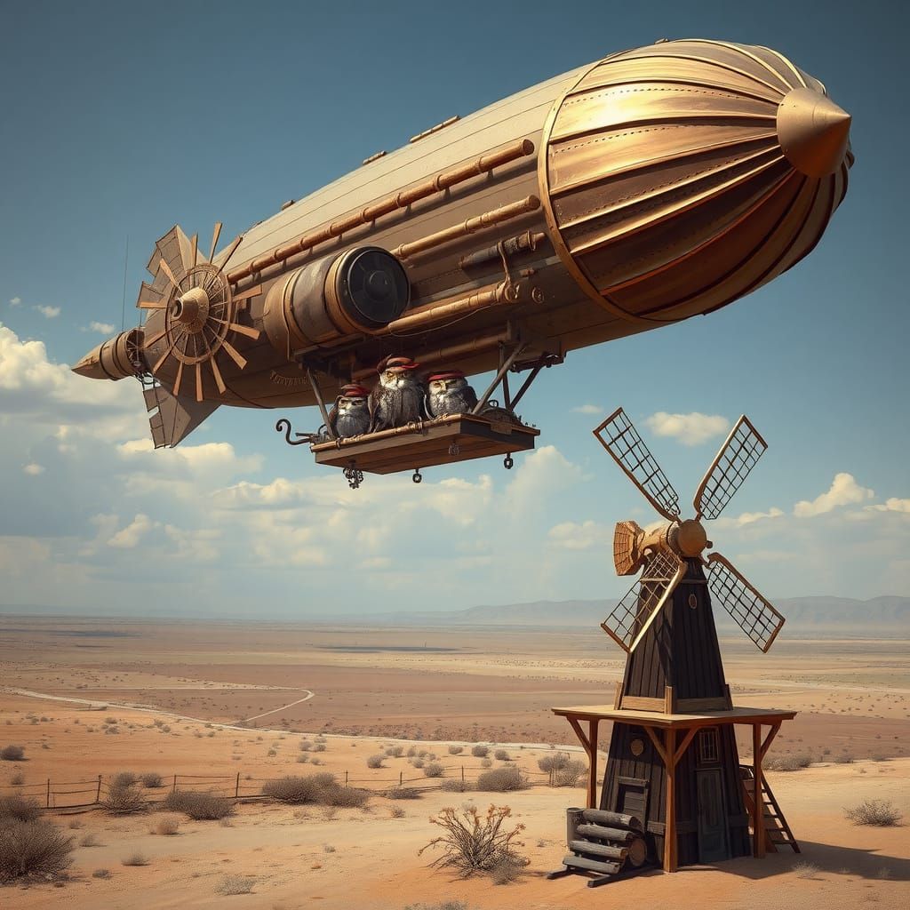 Steampunk Zeppelin in the Wild West with Owls and Windmill